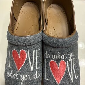 Dansko Gray Mules with Red Heart Design